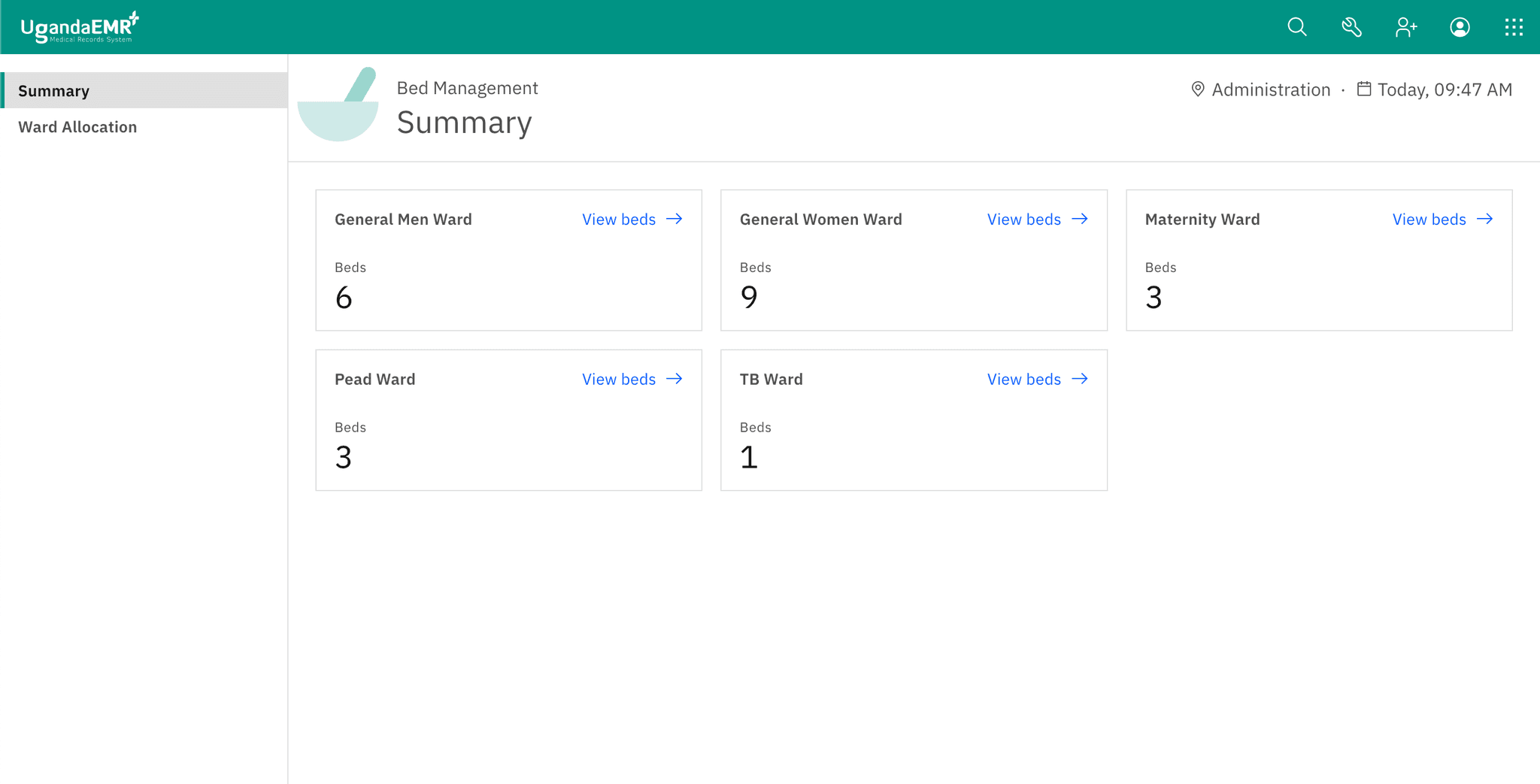 Screenshot of the bed management app landing page showing the left panel